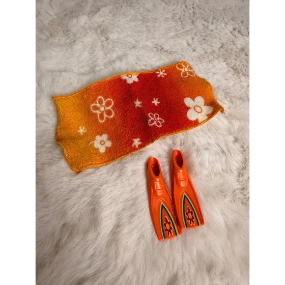 Vintage 90's Doll Beach Accessories Orange Floral Towel Swim Fins Flippers Set