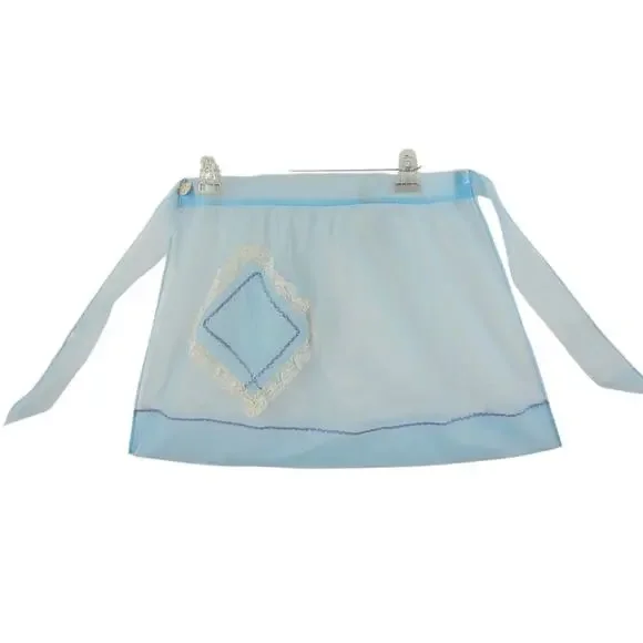 Vintage 1950s Blue‎ Sheer Applique Half Hostess Apron Cottage Coquette Gift