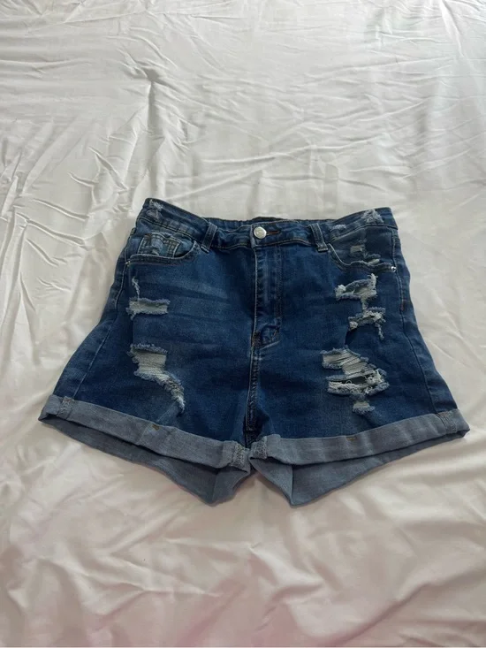 SHEIN Dark Blue Distressed Rolled-Hem Denim Shorts