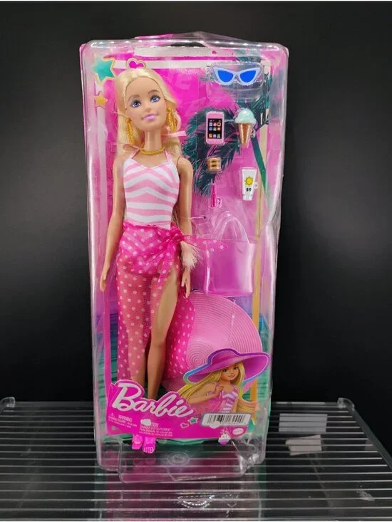 Barbie Beach Day Doll With Accessories Pink Striped Dress Swimwear