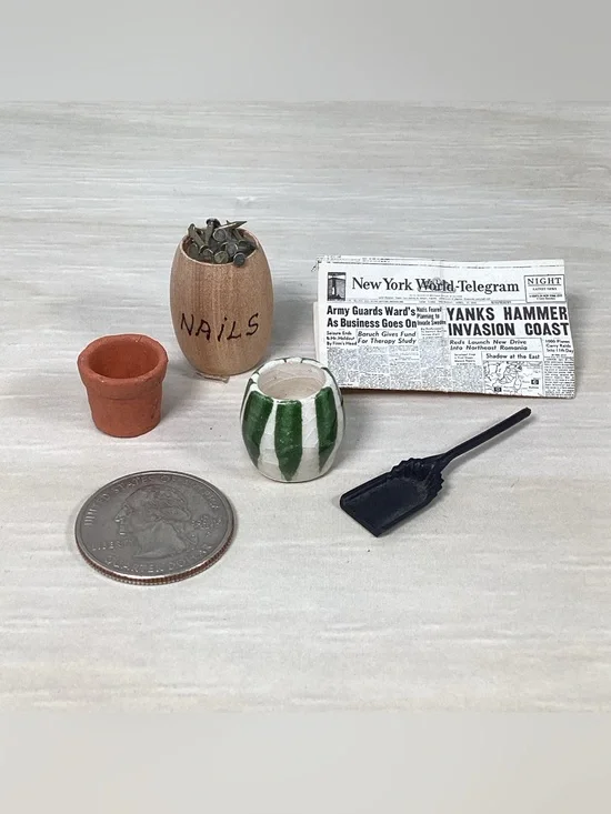 5 Dollhouse Miniature Accessories Nail Keg-Newspaper-Ceramic Planter-Coal Shovel