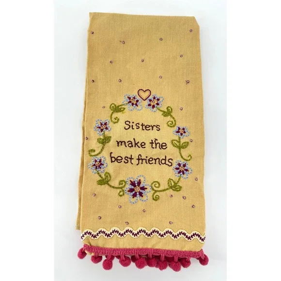 Natural Life Sisters Make The Best Friends Tea Towel Yellow Linen Cotton Pom Pom