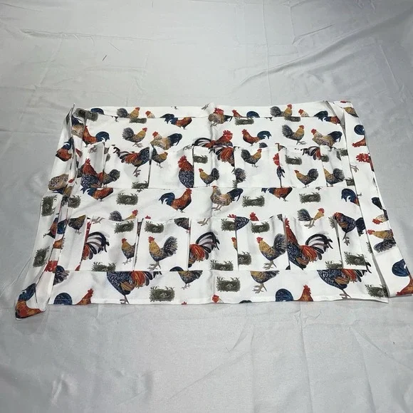 Rooster Print Egg Gathering Apron Farmhouse Multi Pocket Chicken Egg Apron White