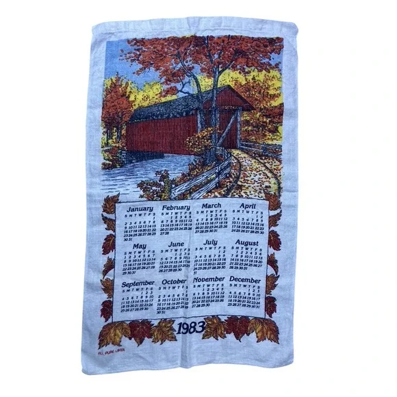Vintage Tea Towel Calendar  White 1983 Covered Bridge Fall Linen Cottage
