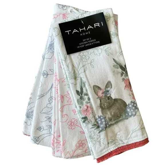 TAHARI HOME Kitchen Towels 3pk Easter Bunny Rabbit Garden Flowers 18