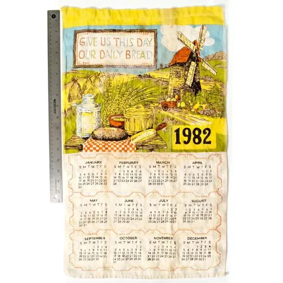 Vintage 1982 Cotton Fabric Kitchen Tea Towel Wall Calendar 25x15