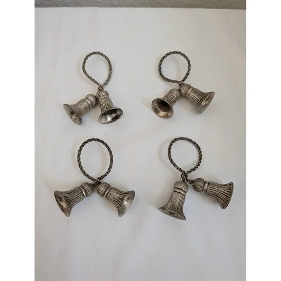 Vintage Silver Tassel Napkin Ring Set of 4 Braided Metal Cord Double Bell Napkin