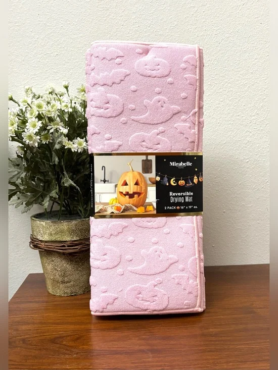 HALLOWEEN DISH DRYING MATS SET OF 2 REVERSIBLE PINK SCULPTED GHOST PUMPKIN BAT