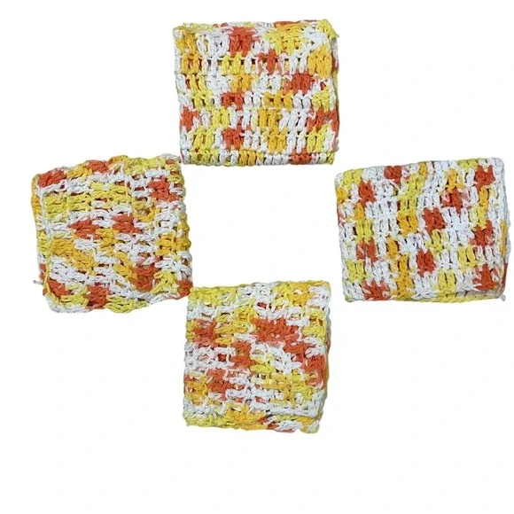 Set of Four Handmade Crochet Dishhcloths‎ Cotton Multi-Color Kitchen Spa