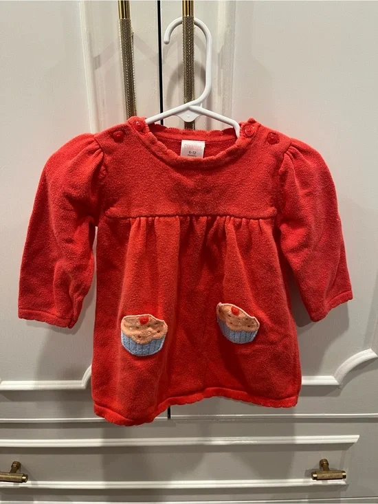 Gymboree Coral Baby Sweater Dress with Cupcake Pockets Heart Buttons 12-18 Mon