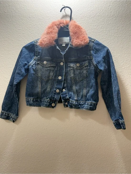 Gymboree Blue Denim Jacket with Pink Faux-Fur Collar