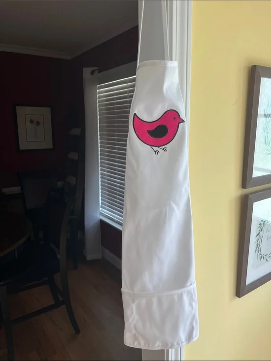 White Kitchen Apron with Pink Bird Accent