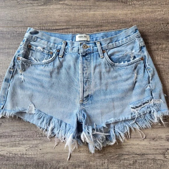 AGOLDE Parker High Rise Distressed Denim Shorts Light Wash Size 30 A026-811