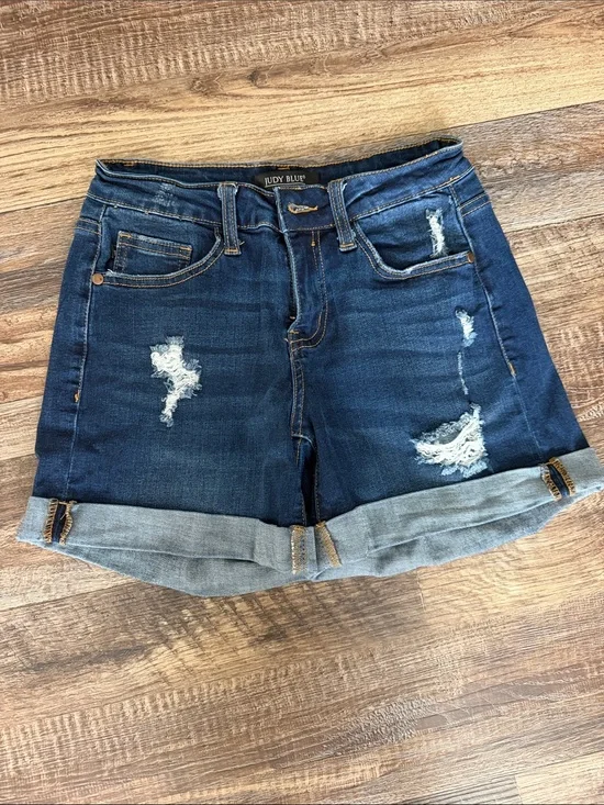 Judy Blue Dark Wash Distressed Cuffed Denim Shorts