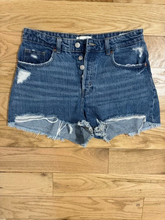 H&M Blue Distressed High-Rise Denim Shorts