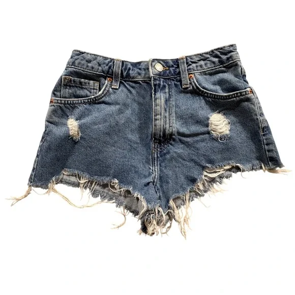 Forever 21 Premium Denim Shorts Womens 25 Blue Distressed High Rise Raw Hem