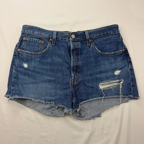Levi's 501 Original Cut Off Shorts Women Size 33 Blue Distressed Denim High Rise