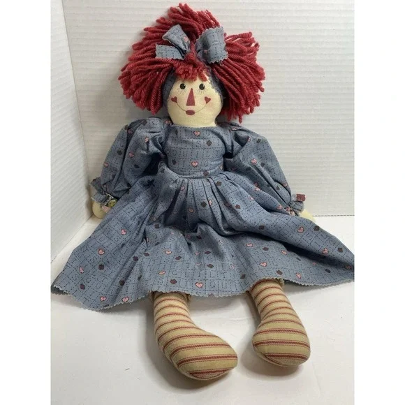 Rag fabric Doll Red Hair Blue Heart Dress Folk Art Vintage 20 Inch Raggedy Ann