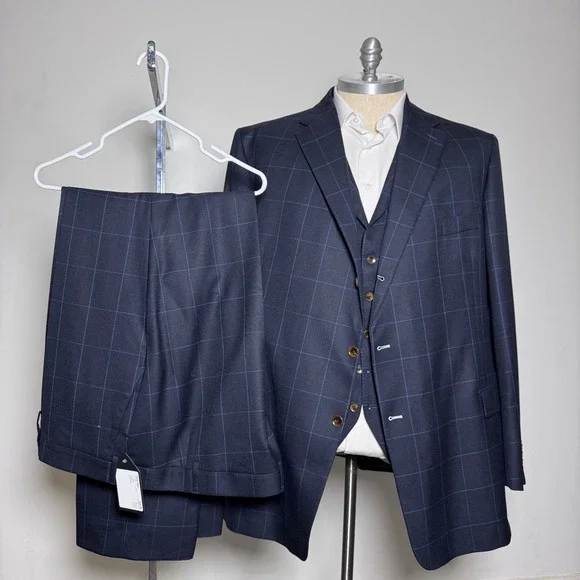 Custom Tailored 3-Piece Suit Mens 54L 50x34 Blue Windowpane Worsted Wool England