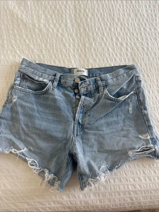Agolde Light Wash Distressed High-Rise Denim Shorts
