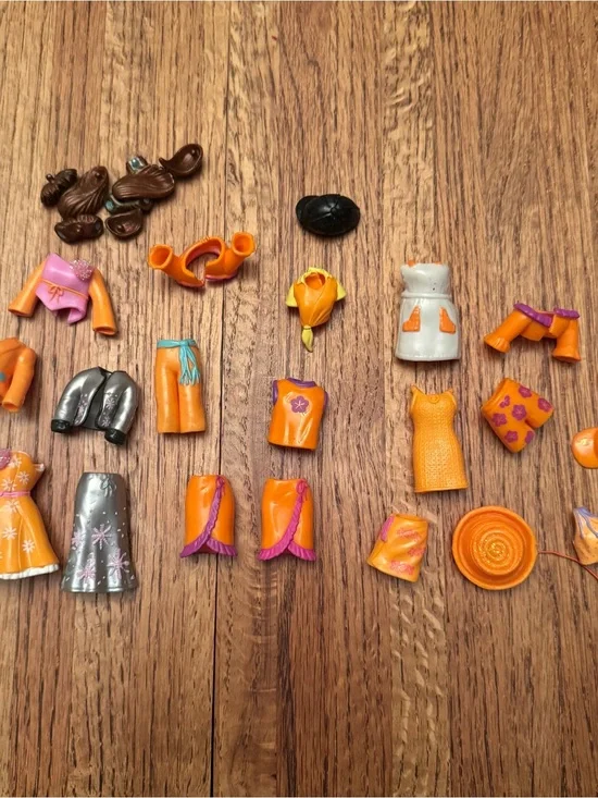 Vintage Y2K Polly Pocket Rubber Clothes/Accessories Lot 20+ Pcs Orange/silver