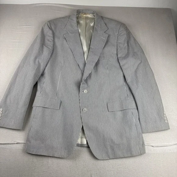 Luden's Charleston SC Mens Seersucker Blazer 46L blue white lightweight Cotton