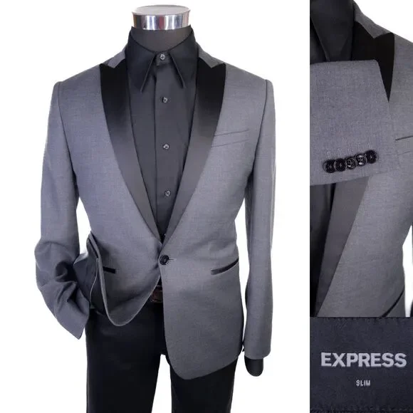Express Slim Blazer Tuxedo Jacket Solid Gray Size 36S One Button Coat