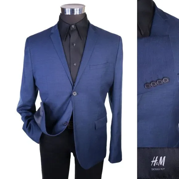 H&M Sport Coat Jacket Blue Sz 42R Casual Jacket Two Button Poly Blend