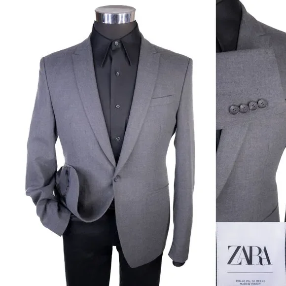 Zara Bazer Mens Sz 38 Solid Gray One Button Sport Coat Jacket Blazer Poly Blend