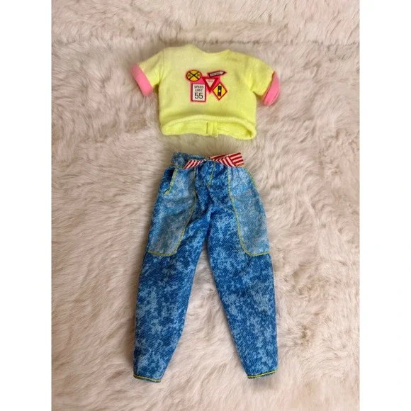 Vintage 80s 90s Male Doll Clothes Neon Yellow Shirt Acid Wash Pants Ken Size Set