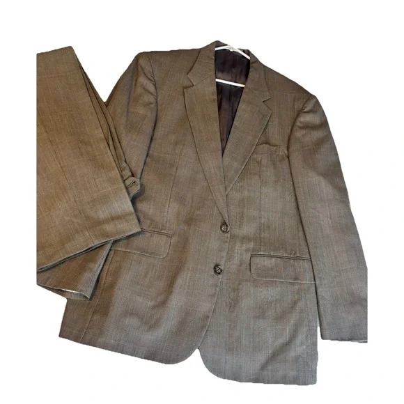 LANDS END Brown Windowpane Wool 2Pc SUIT‎ 44L Pleated Front Pants 36x30