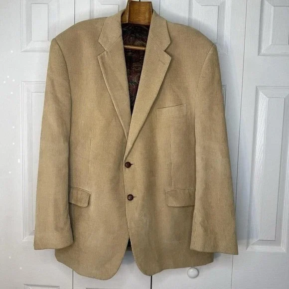 Vtg LRL Ralph Lauren Tan Corduroy 2 Button Blazer Jacket 48R Suede Elbow Patches