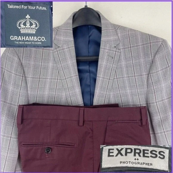 Graham & Co Plaid Blazer 40L & Express Photographer Pants 30x32 Burgundy Suit
