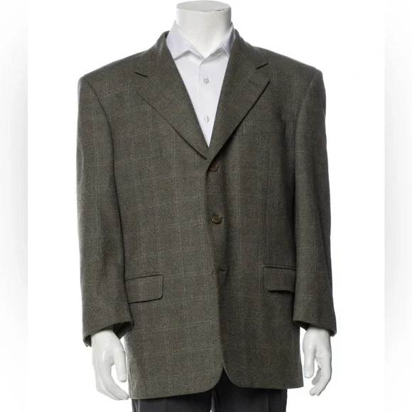 Ing. Loro Piana & C. Euromoda Wool Cashmere Gray Taupe Plaid Print Blazer Size M