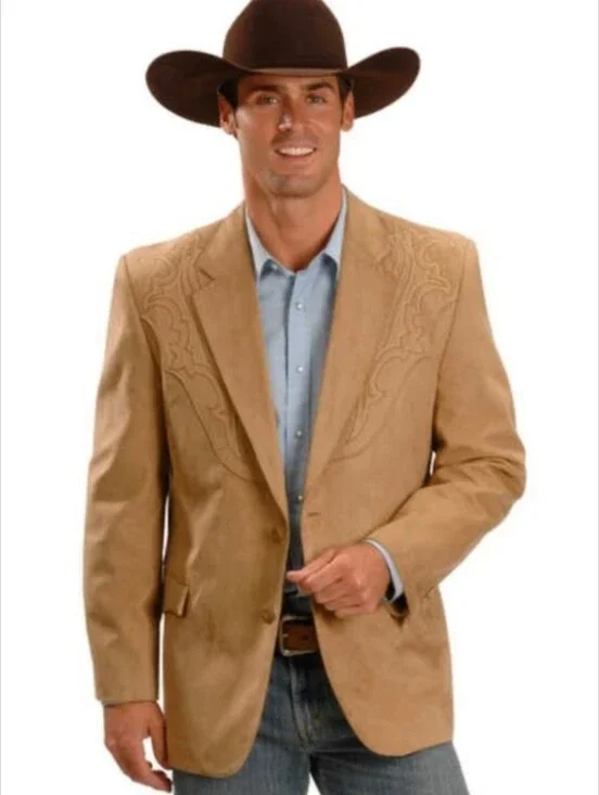 Circle S Dallas TX Embroidered Micro-Suede Sport Coat Size 44R in Western Tan