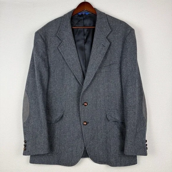 Pendleton Sport Coat Mens 44 Gray Herringbone Virgin Wool Elbow Patch Blazer