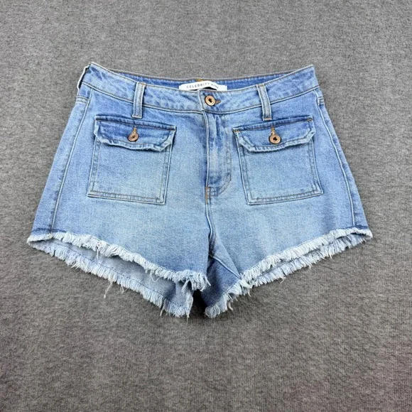Celebrity Pink Denim Shorts Womens 7/28‎ Blue Raw Hem Utility Pocket High Rise