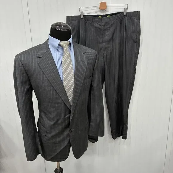 Oxxford Clothes Norton Ditto Super 120’s Wool Suit Pinstripe Charcoal 48R 44W