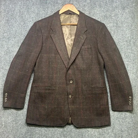 Vintage Oakton Ltd Blazer Mens 42R Brown Wool Herringbone Windowpane Sport Coat