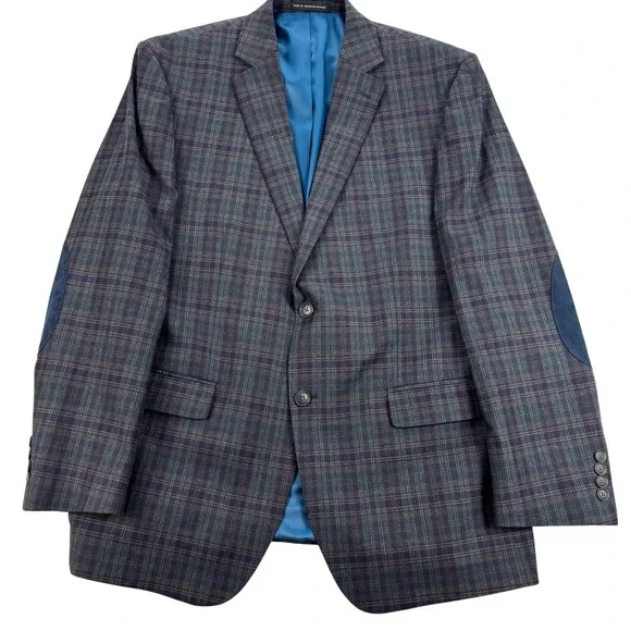 Perry Ellis Portfolio Blazer Mens 44R Gray Plaid Cotton Elbow Patch Sport Coat‎