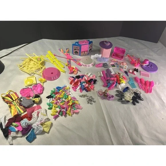 Huge Vintage Barbie & Ken Accessories Lot Shoes Skis Radios Hairbrush Clothing