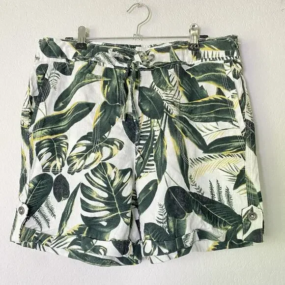 Per Se Green Tropical Linen Blend Shorts‎ Medium Resort Vacation Beach Hawaiian