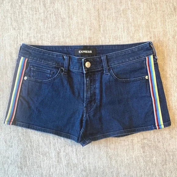 Express Denim Shorts Womens 6 Blue Rainbow Stripe Relaxed Low Rise Shortie Indie