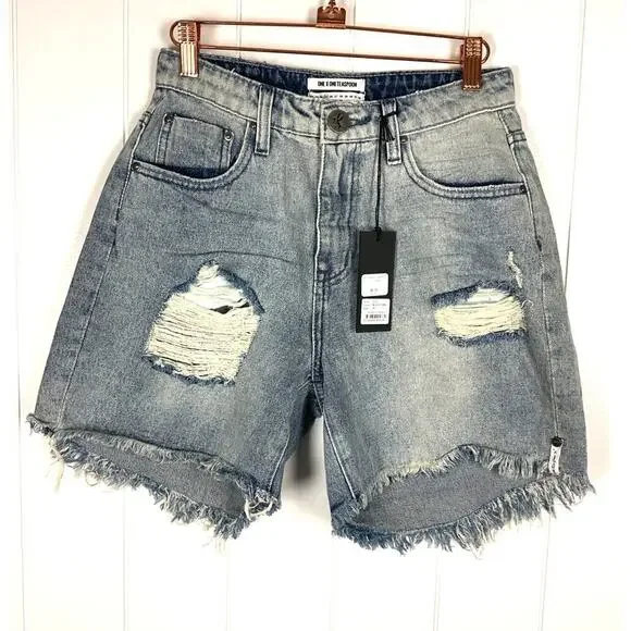 One‎ x One Teaspoon High Waist Mom Fit Intentionally Distressed Denim Shorts 25
