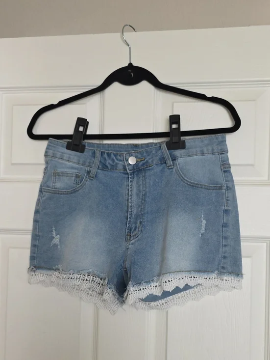 Lace Trim Light Blue Denim Shorts