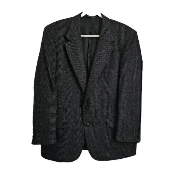 Burberry Blazer Jacket 46R XL Pure Camel Hair Wiedemans Dark Gray Plaid‎ Vintage