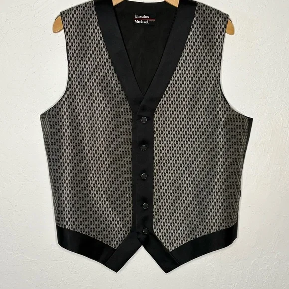 Vintage Brandon Michael Mens M Vest Silver‎ Black Geometric Prom Retro 90s 80s