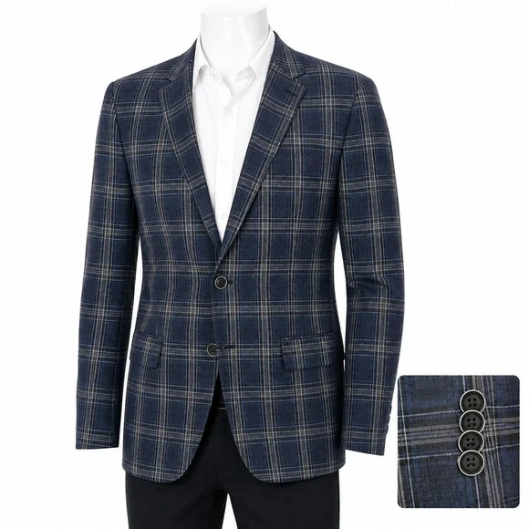 Tommy Hilfiger Sport Coat Mens 43R Blue Plaid Linen Two Button Blazer Jacket