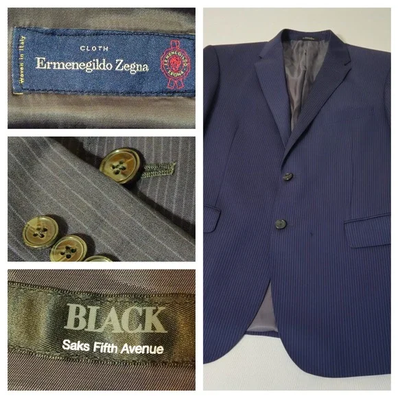 Saks Fifth Avenue Ermenegildo Zegna Blazer Mens Blue Pinstripe‎ Silk Wool Jacket