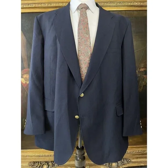 VTG David Taylor 52L Navy Wool Blend Hopsack Gold 2Btn Blazer Sport Coat Jacket‎